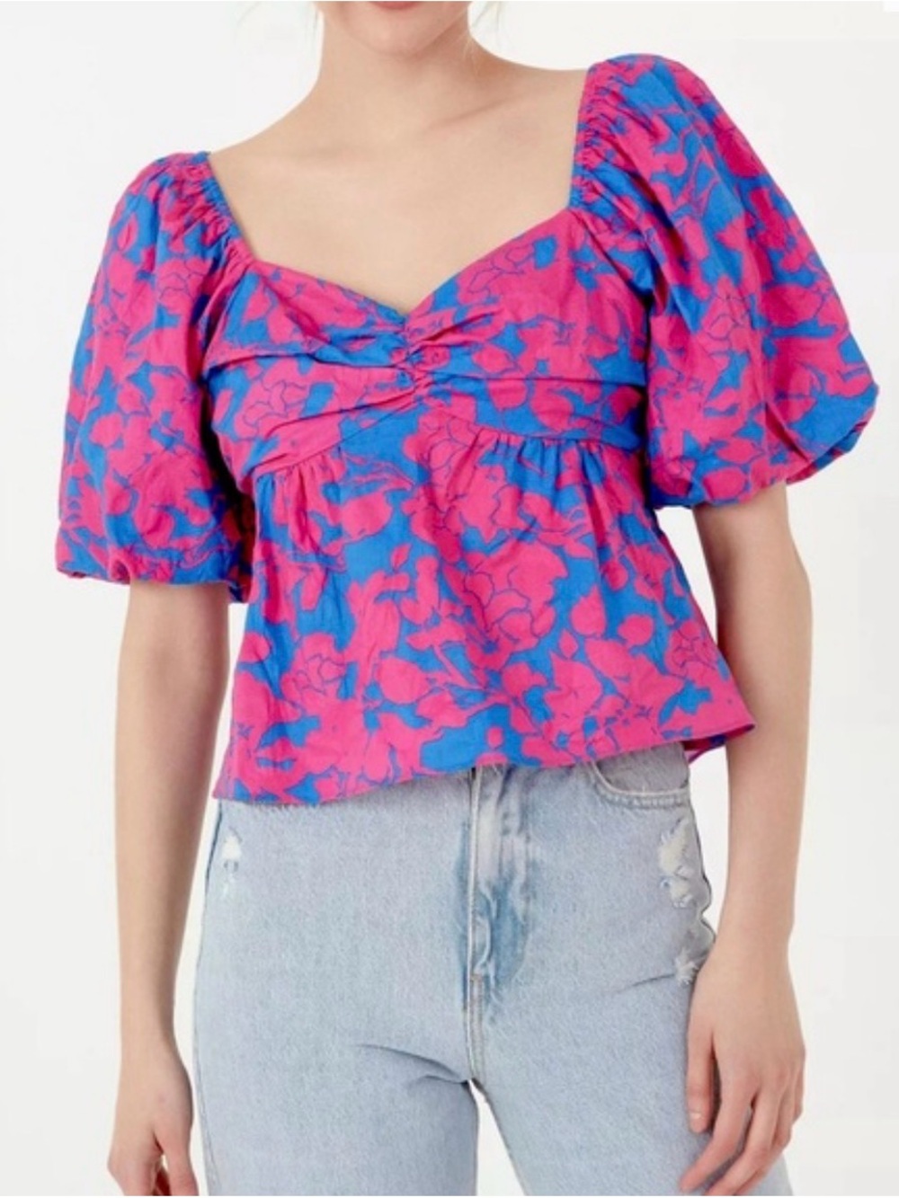 Free the Roses Pink & Blue Floral Puff-Sleeve Top